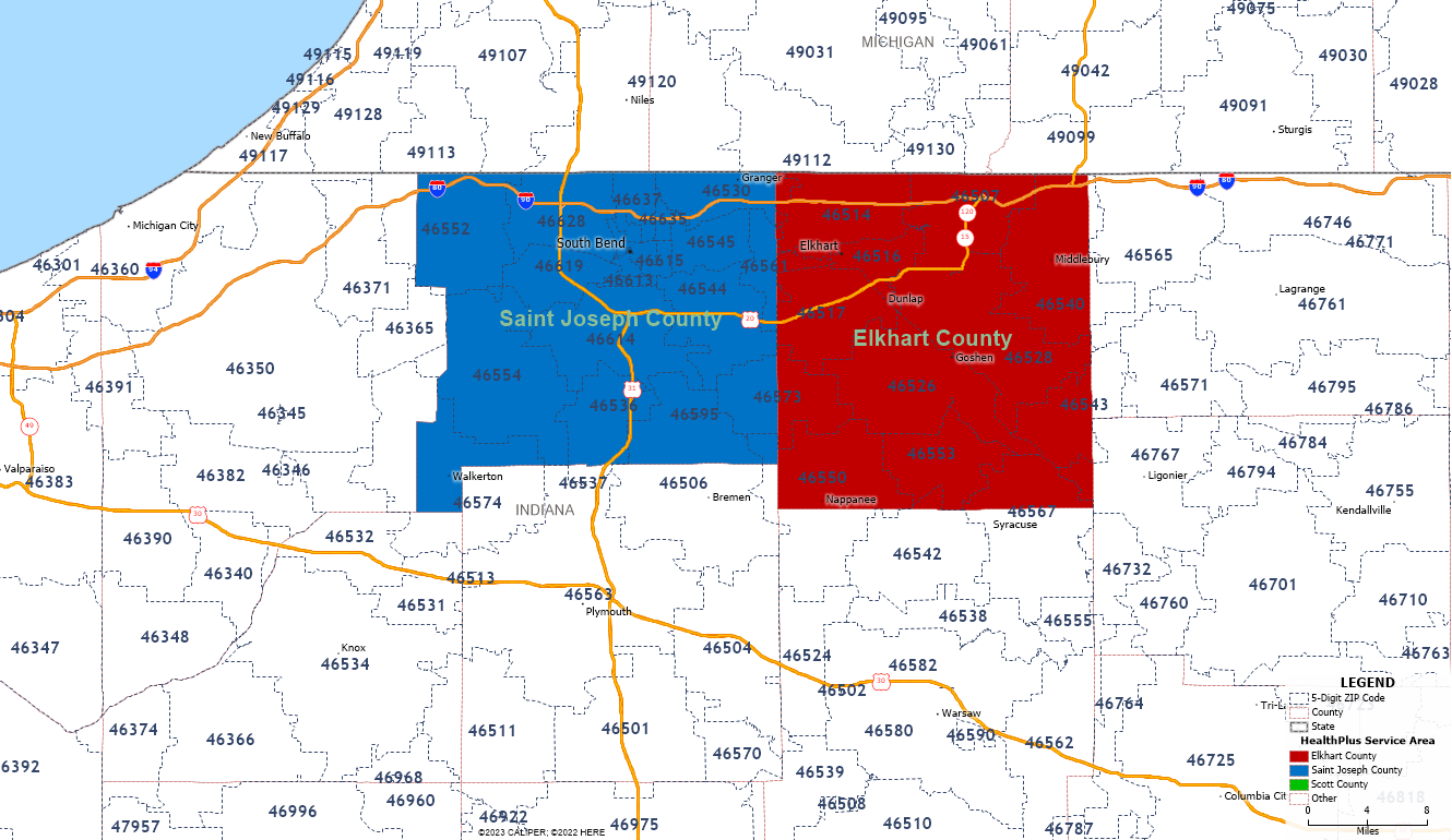 Map of Health Plus Indiana FQHC northern service area: St. Joseph County (blue) and Elkhart County (red) in Indiana, shown with ZIP codes.