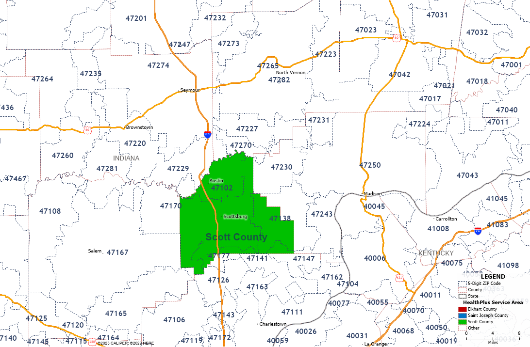 Map of Health Plus Indiana FQHC southern service area: Scott County, Indiana (green), including Austin and Scottsburg, with ZIP codes.