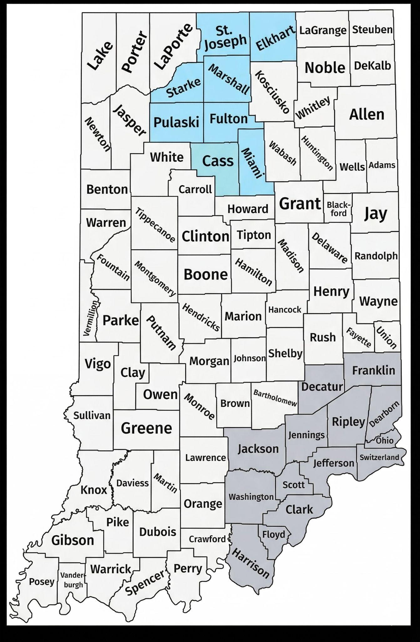 Map of Health Plus Indiana Ryan White Part C service area: north-central Indiana counties in blue and southeast counties in grey.